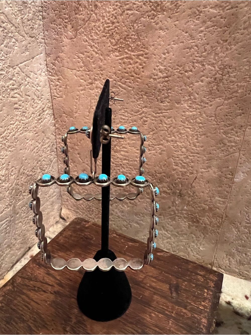Vtg Zuni Turquoise Sterling Silver Snake Eye Square Hoop Dangle Earrings 925 - Picture 6 of 12